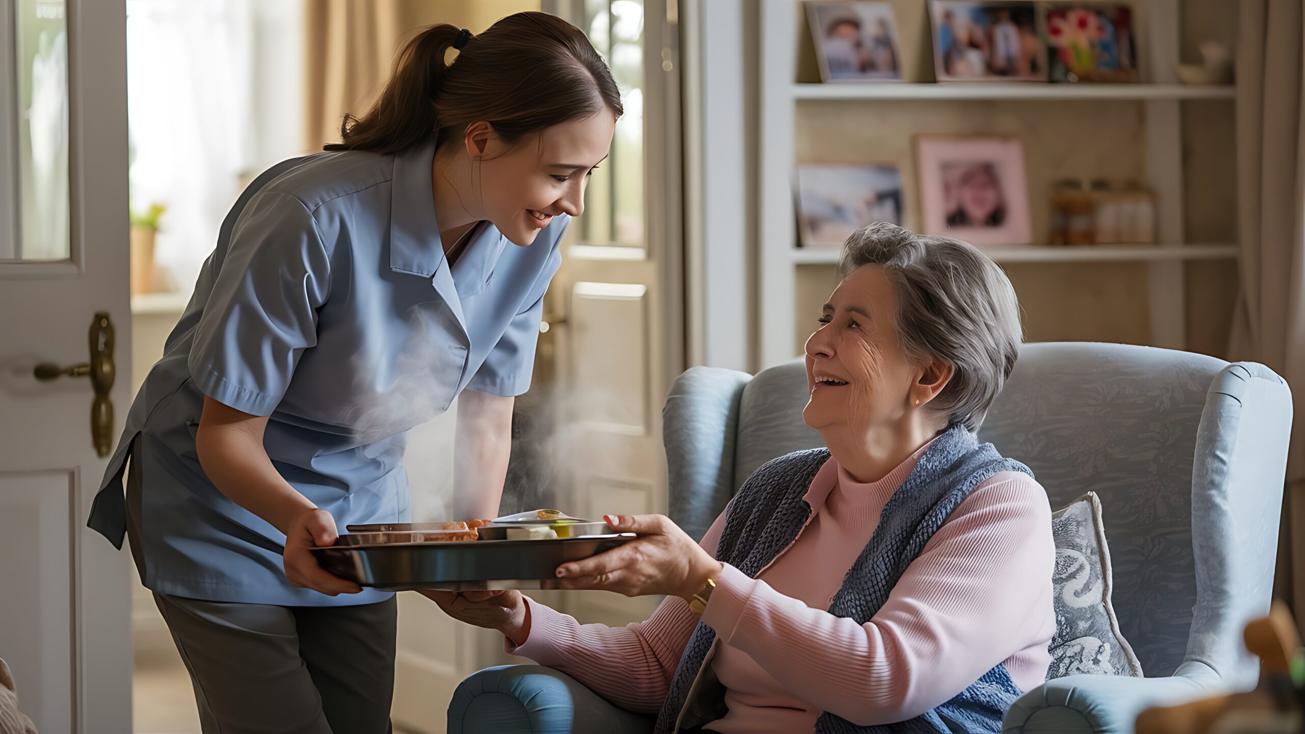 female-care-worker-uniform-bringing-meal-tray-senior-woman-sitting-lounge (1)