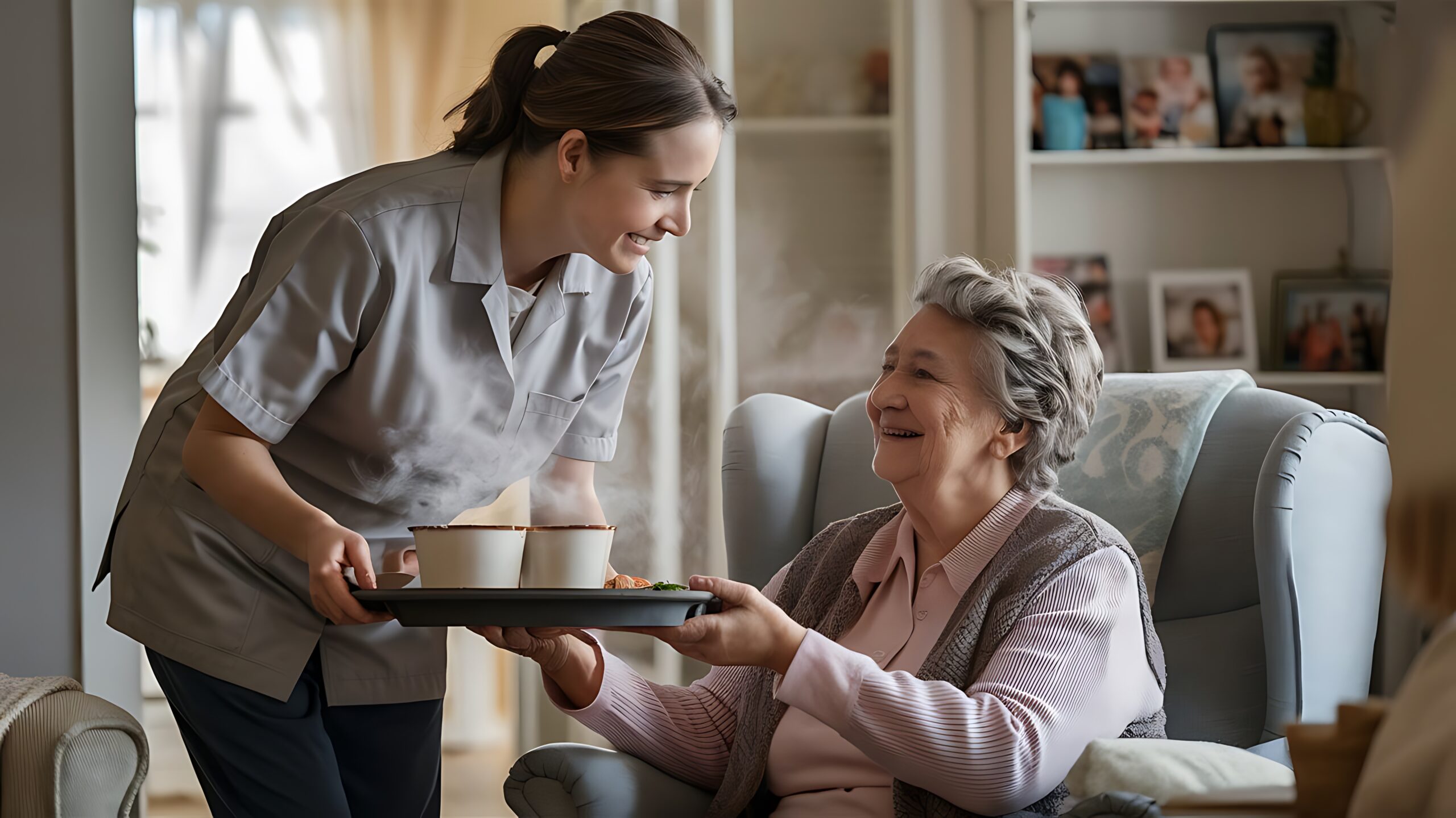 female-care-worker-uniform-bringing-meal-tray-senior-woman-sitting-lounge