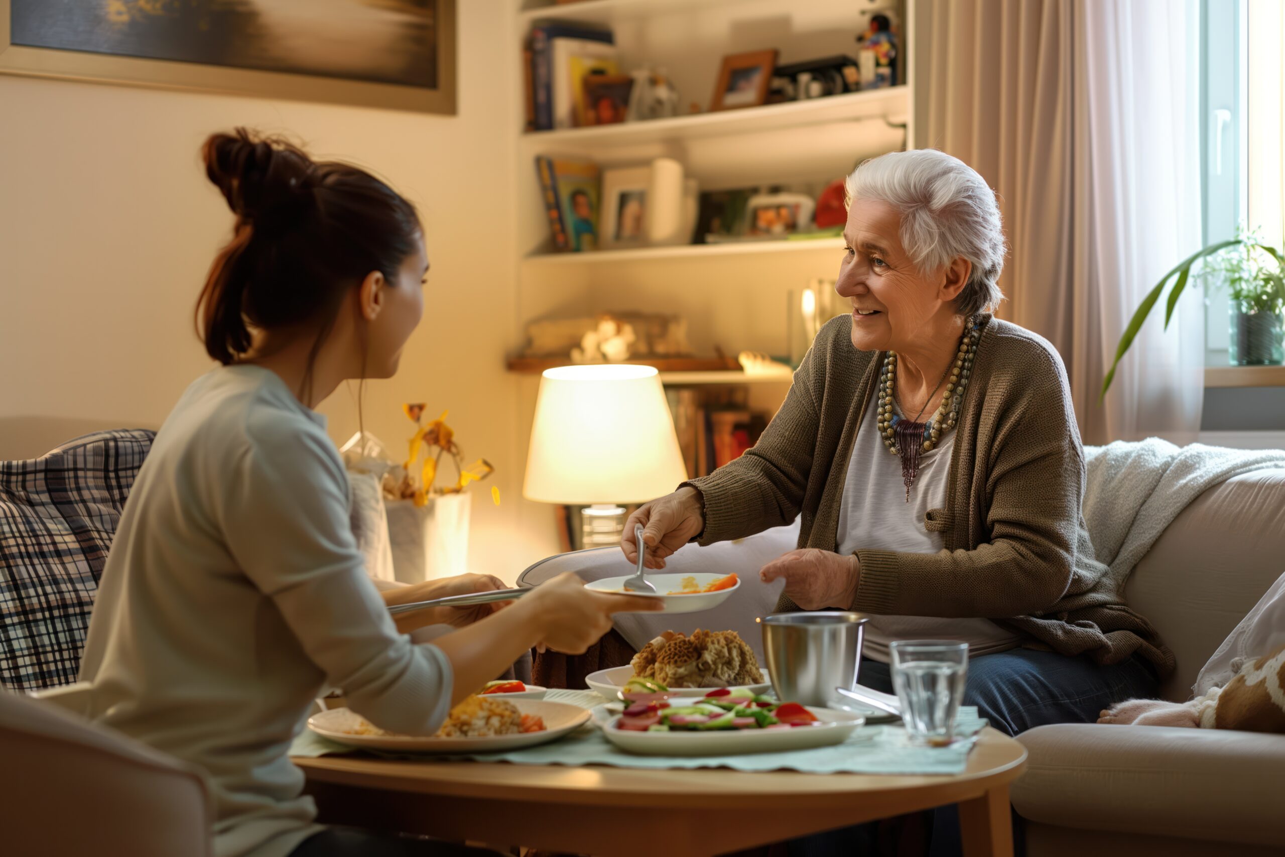Young woman serves dinner to elderly lady in cozy living room. Senior care, gerontology, rehabilitation, hospice care. Elderly woman with disabilities receives care, support from granddaughter.